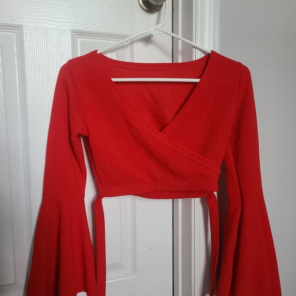 Bell Sleeve Self-Tie Crop Top